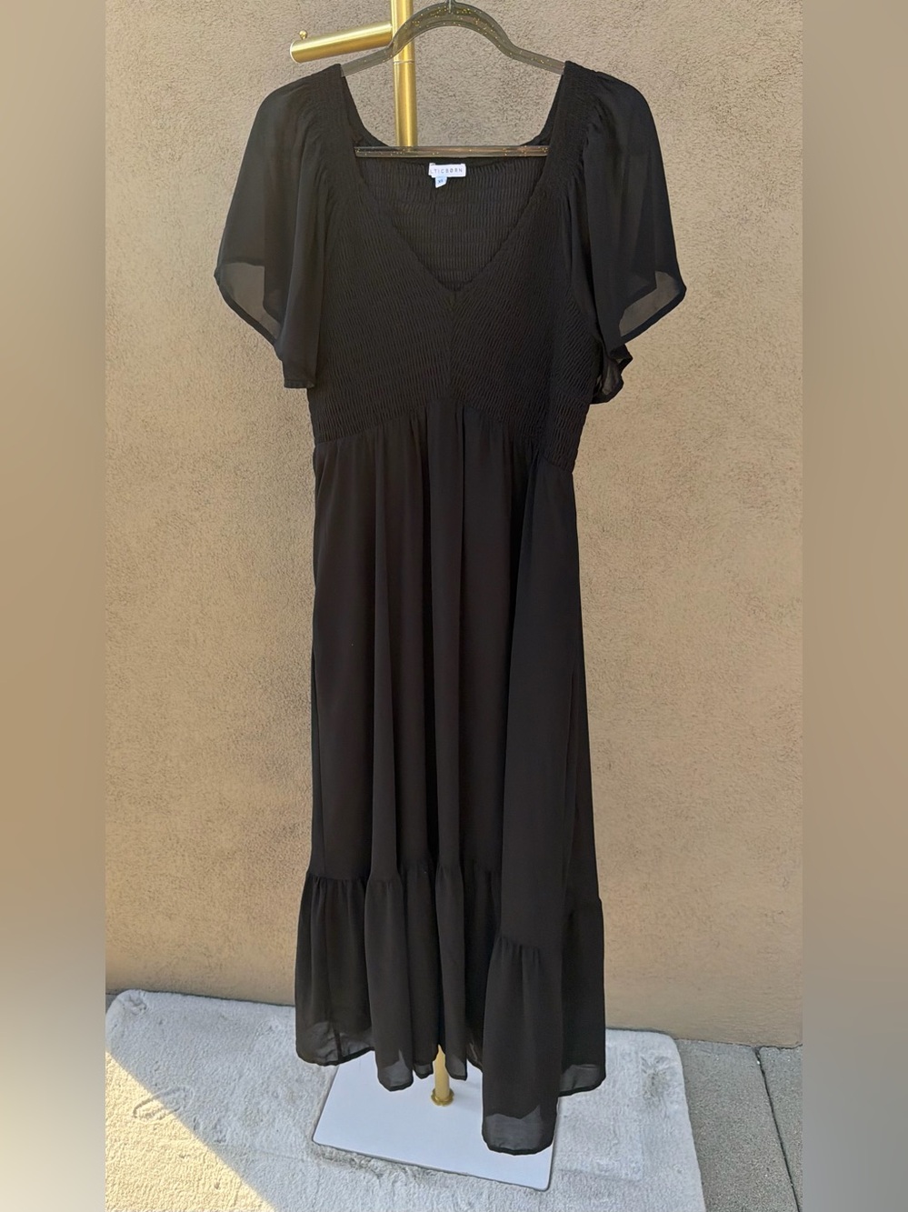 Baltic Born Monica Smocked Black Chiffon Maxi Dress Short Sleeve XL